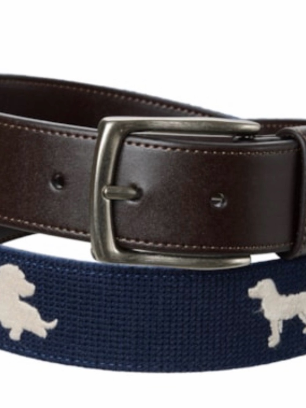 Men's Navy Dog-Pattern Belt with Brown Leather Trim